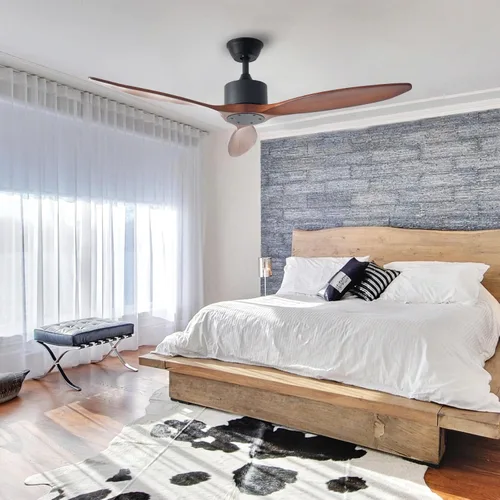 Vista 2 de Ventilador de techo de madera de 3 aspas de 52 pulgadas sin luz, ventilador de techo reversible sin ruido con motor de corriente continua sin luz