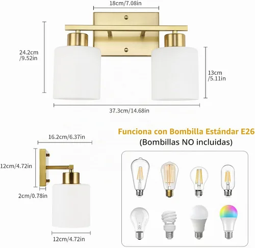 Vista 2 de [Usado] WILON 2 luces doradas cepilladas, accesorios de iluminación de tocador de baño con pantallas de vidrio esmerilado blanco leche, modernas