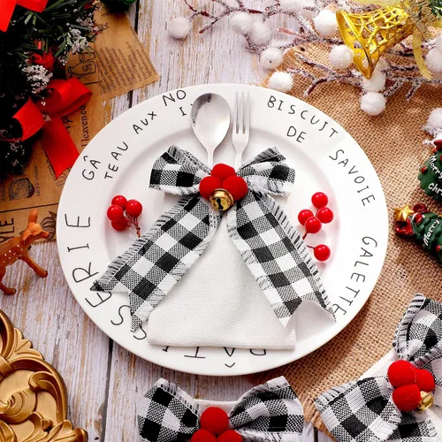 Vista 7 de 12 piezas de soporte para cubiertos de Navidad, soporte de utensilios de yute, soporte de vajilla de Navidad, cubertería de cuadros de búfalo, bolsa