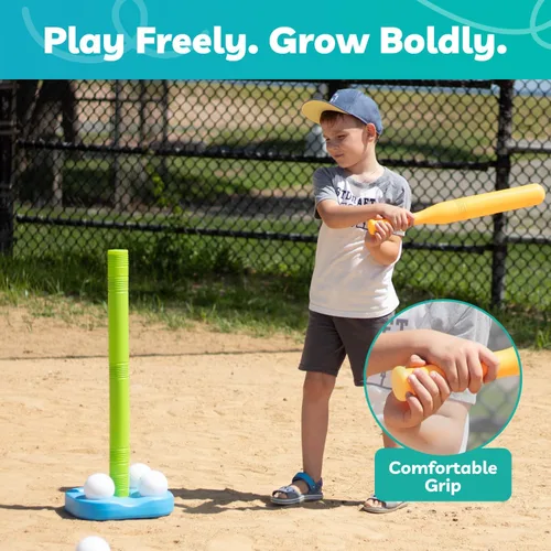 Vista 5 de Liberry Tball Set para niños pequeños con soporte de pelota de altura ajustable, base pesada y bate de béisbol para niños, juguetes deportivos, Verde
