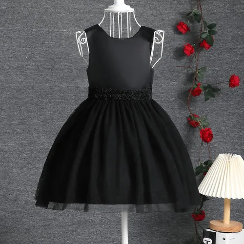 Vista 8 de OPAWO Vestido negro para niña pequeña, dama de honor, 3D, tul de encaje, vestido de princesa de satén, vestido de fiesta, concurso, funerario
