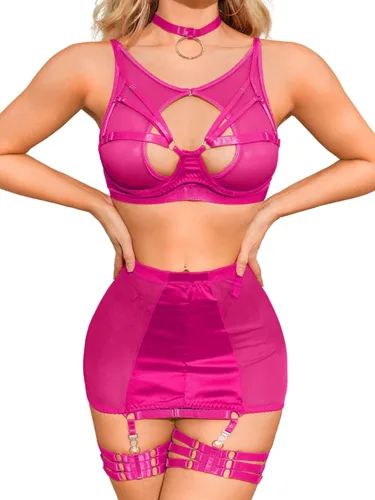 Vista 5 de Kaei&Shi Lencería de liguero para mujer, falda de cintura alta con tiras en G, 4 piezas, sexy, exótica, conjunto de lencería boudoir Negro