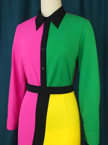 Vista 4 de AOMEI Vestido lápiz de manga larga con botones y cintura alta para mujer
