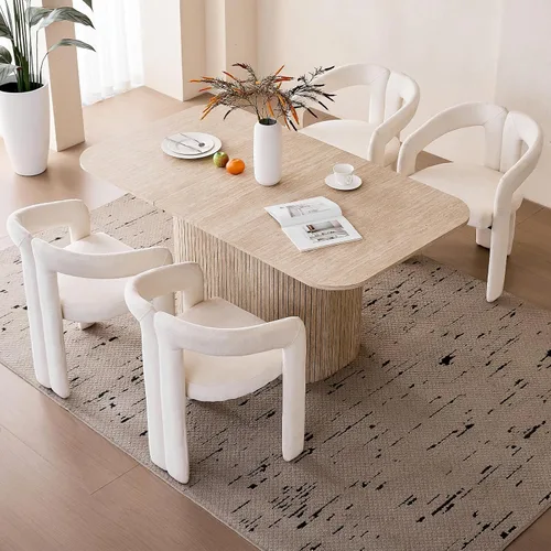 Vista 27 de Juego de 4 mesas de comedor grandes de 63 pulgadas para 4, esquinas redondeadas, mesa de cocina rectangular moderna de madera con sillas Boucle