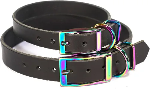 Vista 6 de Collar de perro de cuero con brida hecha a mano, grabado arco iris de acero inoxidable (negro)