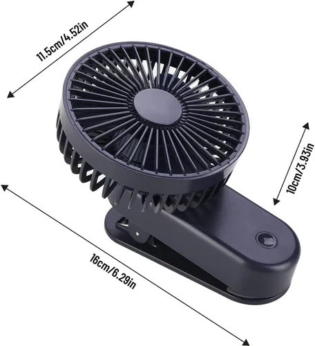 Vista 4 de Mini ventilador de escritorio portátil con clip, 2400 mAh, recargable, USB, funciona con pilas, con imán, color azul rey