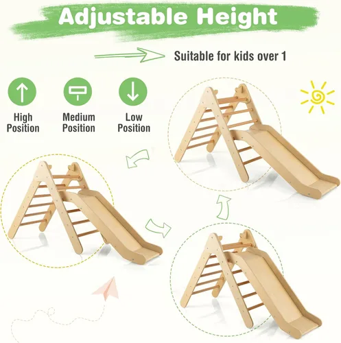 Vista 3 de HONEY JOY Escaladora triangular con rampa, escalera triangular para niños para guardería, gimnasio y parque infantil, juguetes de escalada Natural