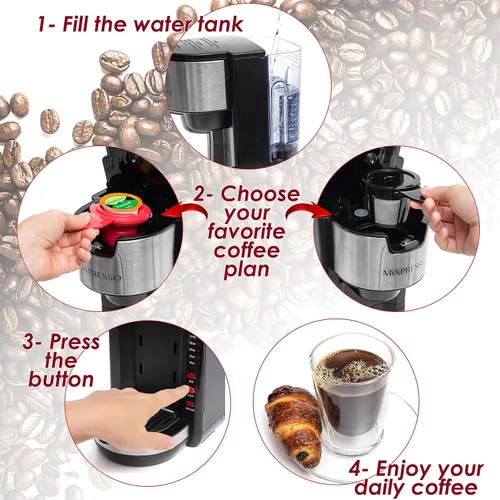 Vista 2 de Mixpresso - Cafetera negra para una porción, compatible con cápsulas K-Cup y café molido, cafetera compacta de 30 oz con 5 tamaños de preparación
