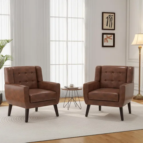 Vista 32 de Accent Chair Set of 1, Comfy Reading Armchair, Beige Linen Blend, Tufted Button Backrest, Solid Wood Frame, Upholstered Club Single Sofa Chairs