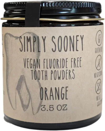 Vista 4 de Simply Sooney Tarro de vidrio Vegano Libre de Flúor Remineralizante Polvo de Dientes Seguro para Niños Naranja I Ingredientes Orgánicos