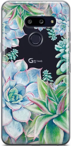 Vista 5 de Mertak Funda transparente compatible con LG Stylo 6 5 4 K61 K51S K41S K30 K20 Q70 Q60 diseño azul ligero flexible diseño suculento mujeres hojas
