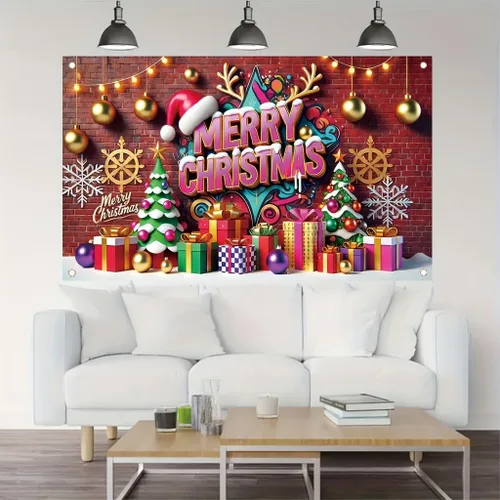 Vista 6 de Cartel de Feliz Navidad de 71 x 43 pulgadas, caja de regalo, adorno de árbol, decoración de fondo de fotografía para fiestas de invierno