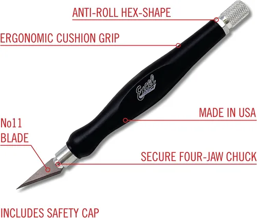 Vista 4 de Excel Blades Fit Grip - Cuchillo de manualidades con hoja en ángulo de acero al carbono ultra afilada #11 - Cuchillo de precisión con agarre de goma