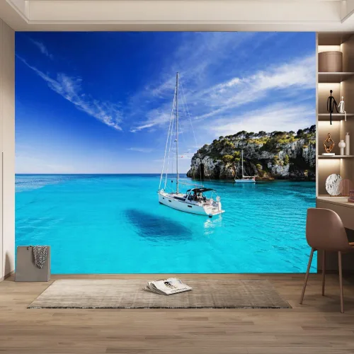 Vista 12 de Mural de pared 3D Ocean Beach, paisaje tropical, papel tapiz autoadhesivo extraíble para sala de estar, dormitorio, decoración de pared, 59 pulgadas