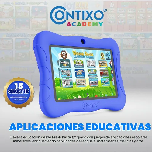 Vista 3 de Contixo Tablet Android Kids de 7" de 32 GB, incluye más de 50 libros de cuentos y calcomanías de Disney (valor de $200), funda protectora con Azul