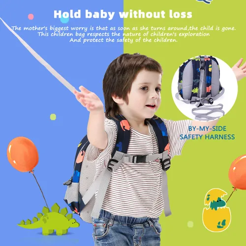Vista 7 de willikiva Mochila de dinosaurio 3D para niños y niñas, mochila impermeable con arnés de seguridad preescolar (azul oscuro)