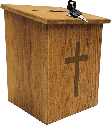 Vista 3 de FixtureDisplays Caja, colección de iglesia donación benéfica con cruz 7.5 pulgadas de ancho x 7.5 pulgadas de alto x 9-7/8 pulgadas de profundidad