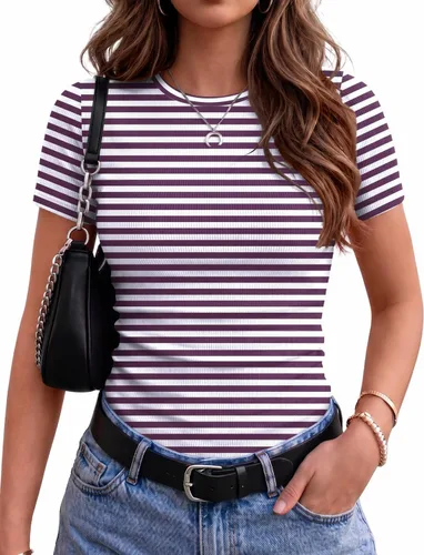Vista 19 de Zeagoo Camiseta básica elástica de manga corta acanalada con cuello redondo Beige