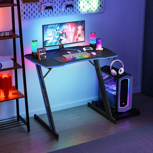 Vista 2 de PayLessHere Mesa de Juegos de 35" Azul Escritorio de Computadora en Forma de Z con Marco de Acero, Gancho para Auriculares, Pies Ajustables