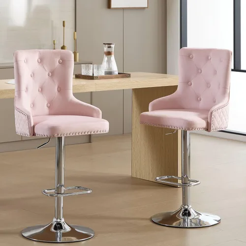 Vista 25 de Juego de 2 taburetes de bar de terciopelo beige con respaldo tuftado alto, anillo de tracción de león, reposapiés de base cromada para isla