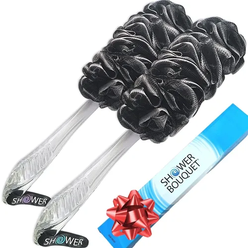 Vista 11 de SHOWER BOUQUET Juego de esponja y depurador de carbón/ 1 cepillo largo para la espalda más 2 puffs extra grandes de 2.6 oz de malla suave