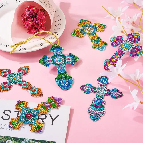 Vista 5 de KISSITTY 10 piezas de pintura de diamante con cruz de Pascua para marcapáginas, colgante, decoración de llaveros, collares, fiestas de pared