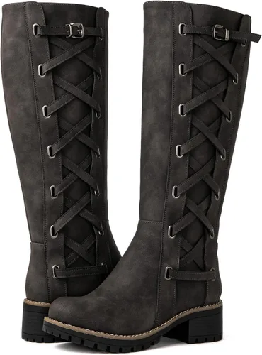 Vista 2 de GLOBALWIN Women's Strappy Motorcycle Knee High Boots, Wide Calf Riding Boots Back Lace Up Fall Winter Fashion Knee High Boots For Women