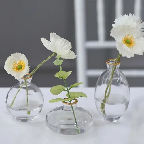 Vista 2 de Efavormart - Juego de 3 centros de mesa pequeños de cristal transparente con borde dorado metálico, jarrones florales modernos, varios tamaños