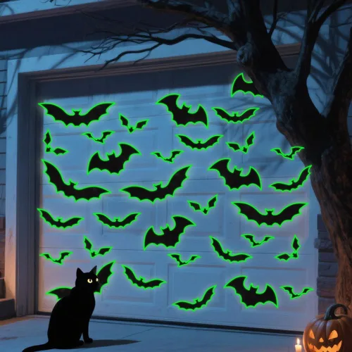 Vista 6 de YUJUN 30 piezas de decoración de Halloween para puerta de garaje, murciélagos negros que brillan en la oscuridad, imanes luminosos para puerta