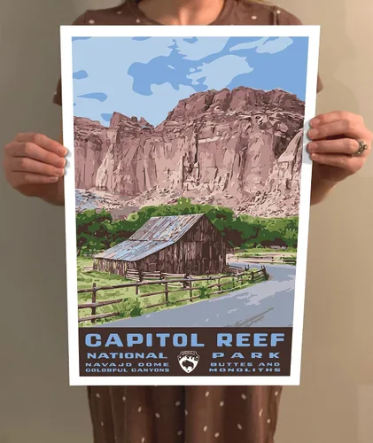 Vista 4 de Capitol Reef National Park - Póster de viaje estilo vintage, 8 x 10, 12 x 18, 18 x 24, 24 x 36, 4 x 6, impresión artística estilo WPA, Utah USA