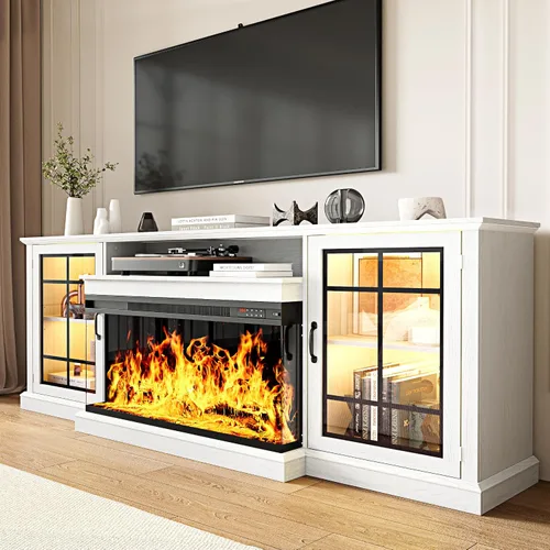 Vista 15 de MXV - Soporte de chimenea para TV de 59 pulgadas, centro de entretenimiento estilo granja con soporte de TV de 3 lados de vidrio, consola multimedia