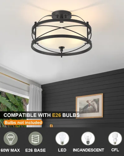 Vista 2 de Accesorios de luz de tambor para entrada, lámpara de techo rústica de montaje semiempotrado para pasillo, sala de estar, dormitorio, cocina (negro)
