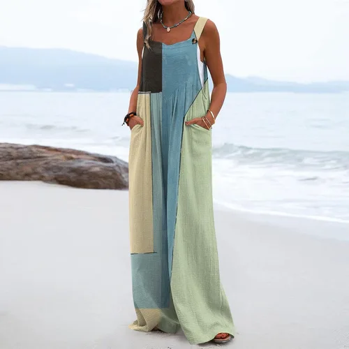 Vista 2 de ZEFOTIM Enterizos para mujer, estilo casual, de verano, con estampado de pierna ancha, ajuste holgado, a la moda, plisados, overoles