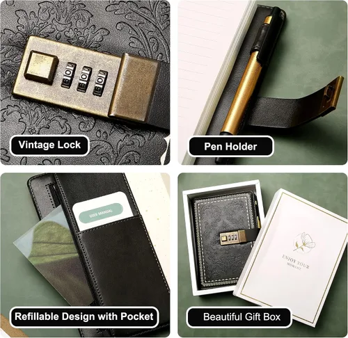 Vista 3 de Lock Diary - Diario vintage con candado para mujer, diario de cuero con cerradura recargable, con bloqueo personal, diario de escritura B6, diario