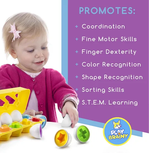 Vista 5 de Play Brainy Huevos a juego de forma y color - Juguete de huevo de Pascua - Juguete educativo Montessori STEM para niños pequeños y preescolares