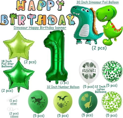 Vista 2 de VHUWE Decoración de dinosaurio para fiesta de primer cumpleaños, 38 Decoración de fiesta de primer dinosaurio