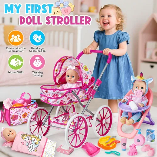 Vista 6 de Golray Juego de Juguetes de Muñeca Bebé de 12 Pulgadas con Cochecito para Niñas de 3, 4, 5, 6 Años - 26 Piezas Muñeca Bebé con Accesorios Edredón