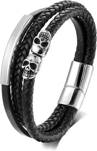 Vista 7 de Pulsera de cuero trenzado negro para hombre, acero inoxidable, dos encantos de calavera, gótica
