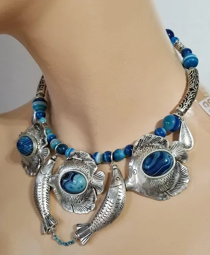 Vista 6 de 5 Silver Fish Pendants Nautical Gemstone Blue Agate Necklace Earrings One of a Kind