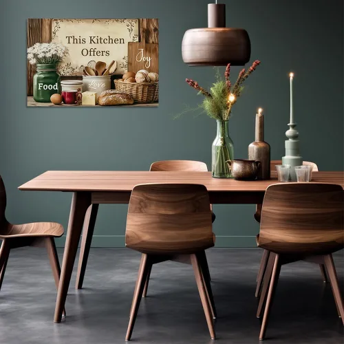 Vista 2 de CGXLB Arte de pared de cocina campestre, estilo vintage, esta cocina ofrece comida, amor y alegría, naturaleza muerta, pintura al óleo, pan de café