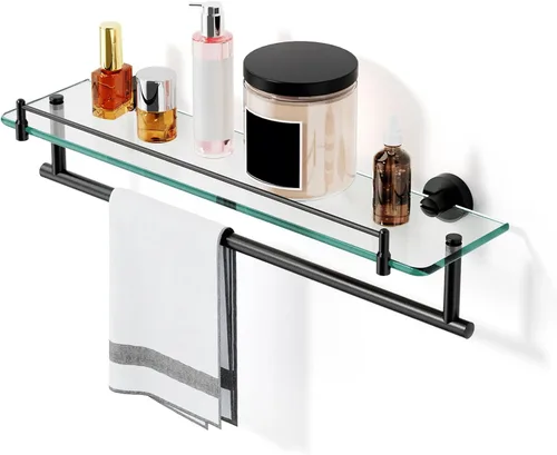 Vista 7 de Toallero con estante de 16 pulgadas, estante de baño con barra de toalla de vidrio templado, dorado cepillado moderno, acero inoxidable a prueba