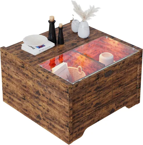 Vista 8 de Bestier Mesa de centro de granja de 31.5 pulgadas con almacenamiento, mesas de centro cuadradas LED para sala de estar, mesa central de madera