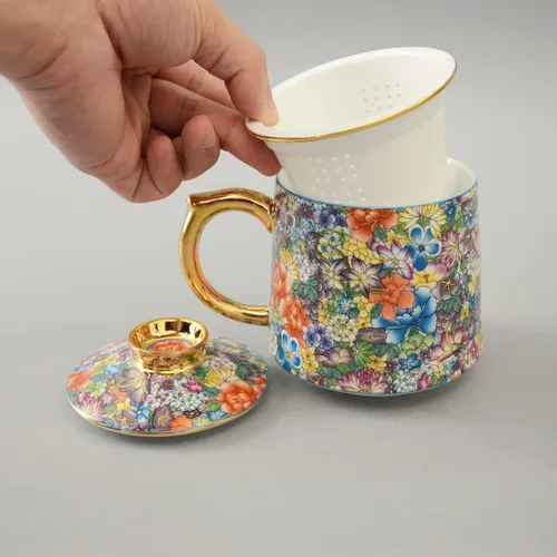 Vista 4 de Taza de té de porcelana con infusor – Taza de té de cerámica china Jingdezhen Sistema de preparación de té de hojas sueltas para oficina en casa