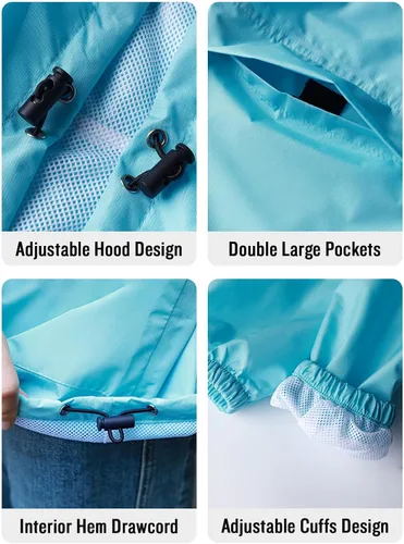Vista 4 de SaphiRose Chaqueta ligera para lluvia para mujer, impermeable, transpirable, rompevientos con capucha y plegable
