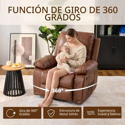 Vista 3 de Silla reclinable de cuero mecedora giratoria de 360° para adultos Camello