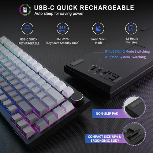 Vista 5 de FOPETT Teclado mecánico inalámbrico recargable retroiluminación ajustable tres modos con cable /2.4G/Bluetooth grabado lateral