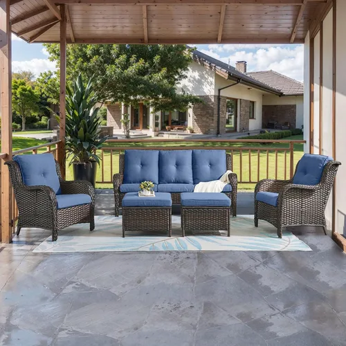 Vista 13 de HUMMUH Juego de 2 sillas de mimbre para patio, sillas de comedor de ratán de polietileno para exteriores, con cojines de asiento de 4 pulgadas