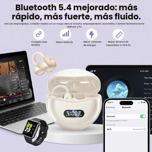 Vista 7 de Auriculares Jacuate con clip, auriculares de oído abierto inalámbricos Bluetooth 5.4, auriculares de oído abierto ligeros con micrófono, batería