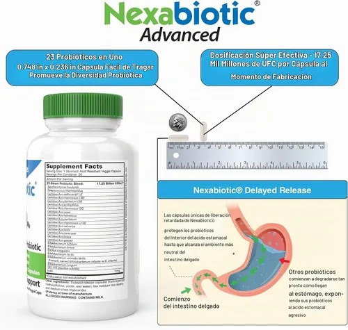 Vista 4 de Suplemento Nexabiotic probiótico, 21 cepas multi-probiótico, suplemento con Lactobacillus acidophilus, Bifidobacterium infantis, Saccharomyces