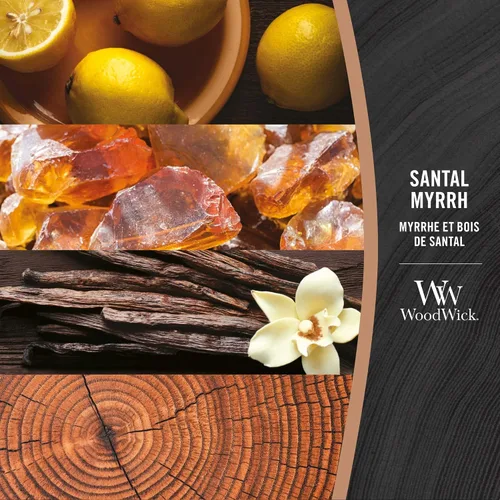 Vista 2 de WoodWick Santal Myrrh - Vela grande en frasco con forma de reloj de arena, cera de mezcla de soya prémium, mecha de madera Pluswick Innovation